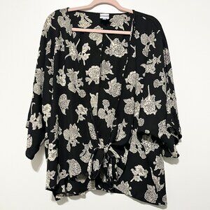 Meri Skye Womens Tie Front Kimono Top 2X Dark Floral Boho Cottagecore Romantic